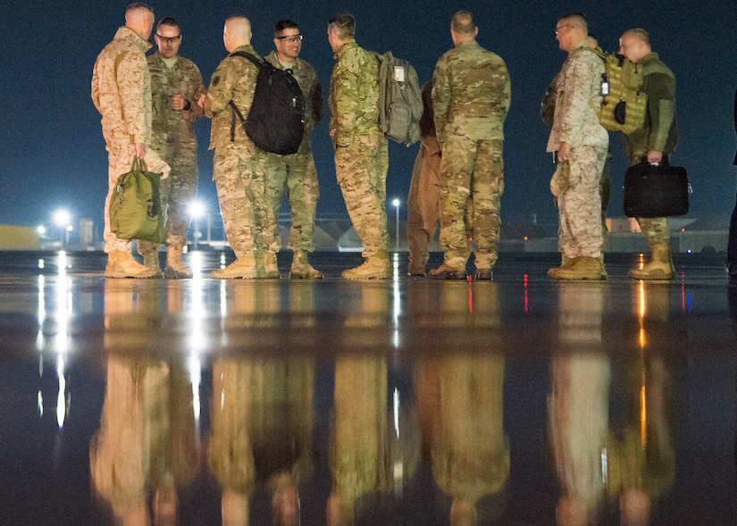 Marine Gen. Joe Dunford, chairman of the Joint Chiefs of Staff, meets with leadership of U.S. Forces - Afghanistan an the 455th Air Expeditionary Wing after arriving at Bagram Air Field, March 19, 2018. DoD Photo by Navy Petty Officer 1st Class Dominique A. Pineiro