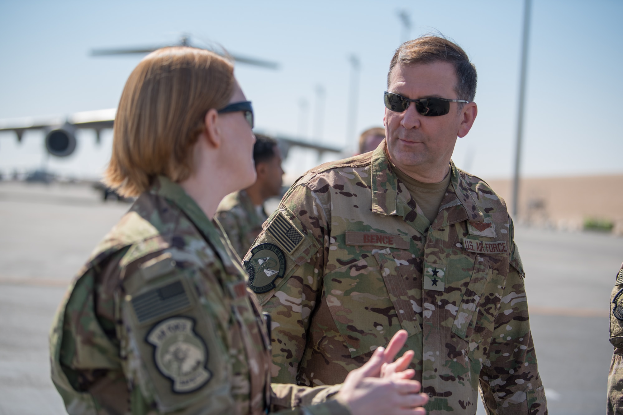 Maj. Gen. Christopher J. Bence, commander of the U.S. Air Force Expeditionary Center, tours the facilities of the 8th Expeditionary Air Mobility Squadron at Al Udeid Air Base, Qatar, March 4, 2018. The visit, part of a nine-day tour of various components of the 521st Air Mobility Operations Wing, provided Bence an opportunity to see the day-to-day operations of the 8 EAMS, observe how they complete their mission, and commemorate a few selected Airmen for their outstanding performance. (U.S. Air Force photo by Staff Sgt. Joshua Horton)