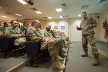 Maj. Gen. Christopher J. Bence, commander of the U.S. Air Force Expeditionary Center, tours the facilities of the 8th Expeditionary Air Mobility Squadron at Al Udeid Air Base, Qatar, March 4, 2018. The visit, part of a nine-day tour of various components of the 521st Air Mobility Operations Wing, provided Bence an opportunity to see the day-to-day operations of the 8 EAMS, observe how they complete their mission, and commemorate a few selected Airmen for their outstanding performance. (U.S. Air Force photo by Staff Sgt. Joshua Horton)