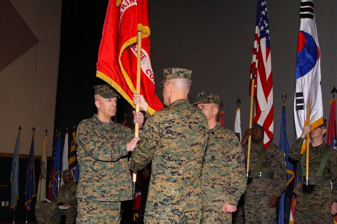 Major Gen. James W. Lukeman relinquished the role as Commander, Marine Corps Forces, Korea to Maj. Gen. Patrick J. Hermesmann at the U.S. Army Garrison Yongsan movie theater, Yongsan Korea, Feb. 7. Lukeman will stay on as the U.S. Forces Korea, Combines Forces Command, United Nations Command, Plans and Policy.