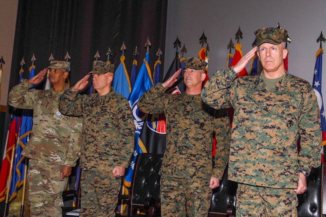 Major Gen. James W. Lukeman relinquished the role as Commander, Marine Corps Forces, Korea to Maj. Gen. Patrick J. Hermesmann at the U.S. Army Garrison Yongsan movie theater, Yongsan Korea, Feb. 7. Lukeman will stay on as the U.S. Forces Korea, Combines Forces Command, United Nations Command, Plans and Policy.