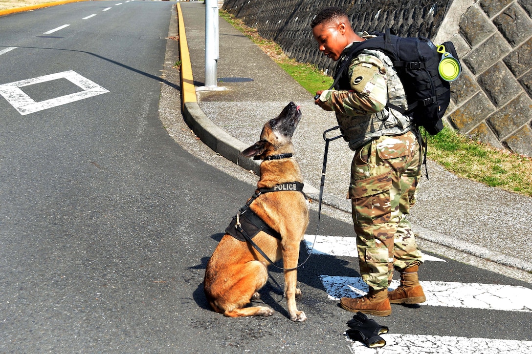 A soldier gives his dog water to drink.