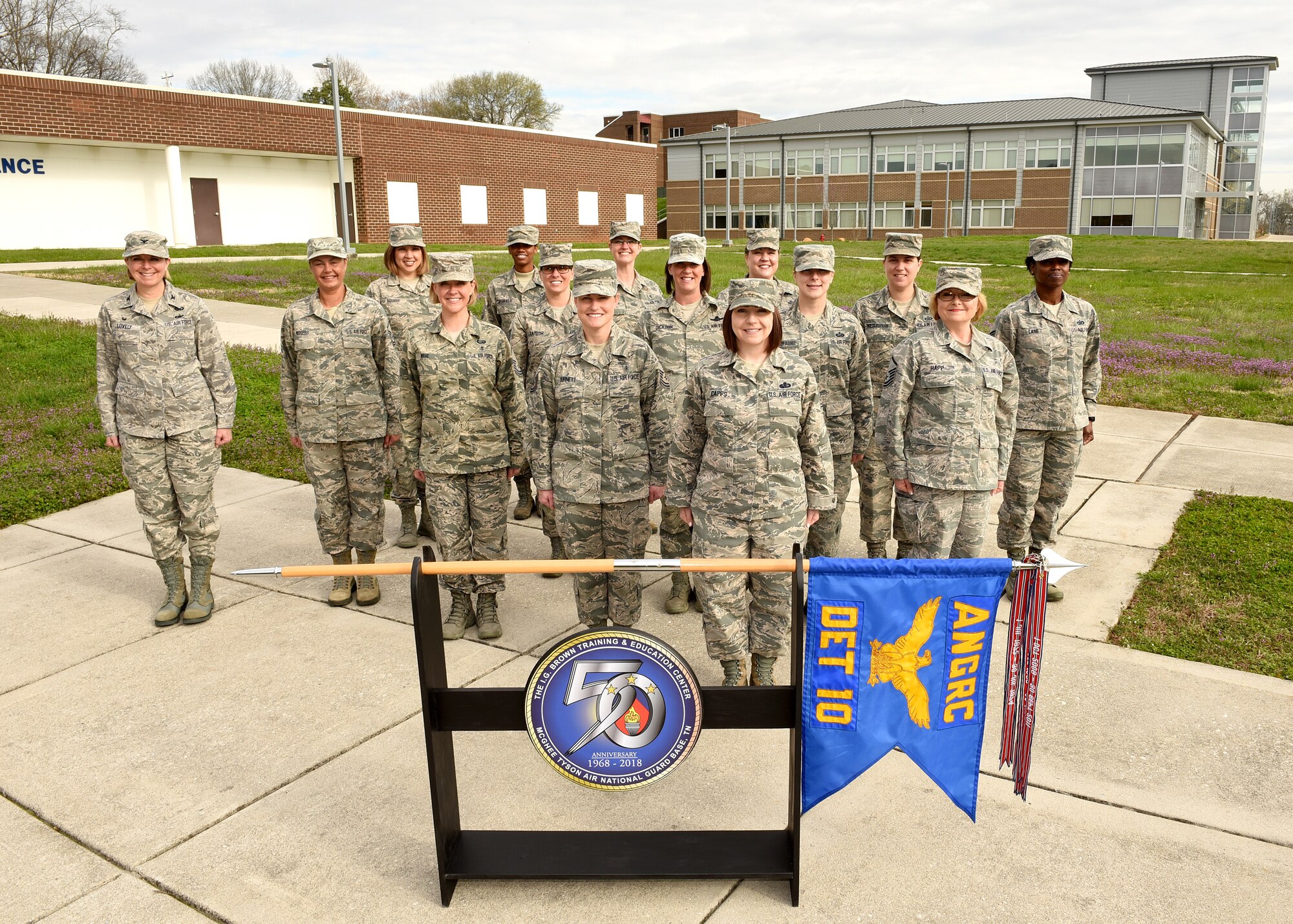 Women assigned to the Air National Guard’s I.G. Brown Training and Education Center take a moment on campus for a photograph