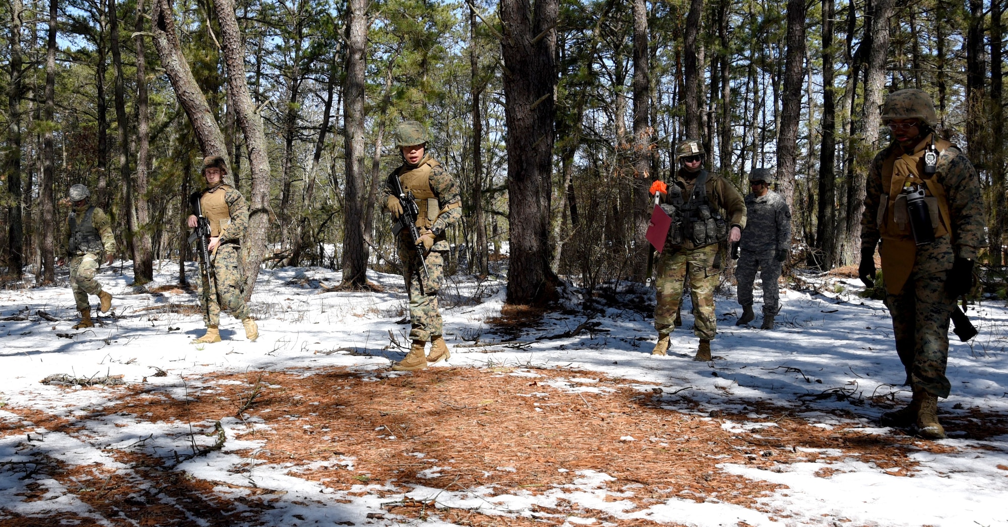 Service members conduct a search and recovery mission during Operation Joint Recovery exercise at Joint Base McGuire-Dix-Lakehurst, N.J., Mar. 10, 2018. The joint exercise featured members from the U.S. Army, Air Force, Navy and Marines as well as multiple civilian agencies. (U.S. Air Force photo by Tech. Sgt. Robert M. Trujillo)