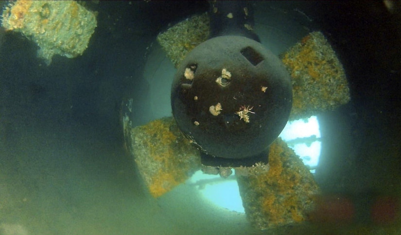 Marine growth build up on an LCU bow thruster propeller.