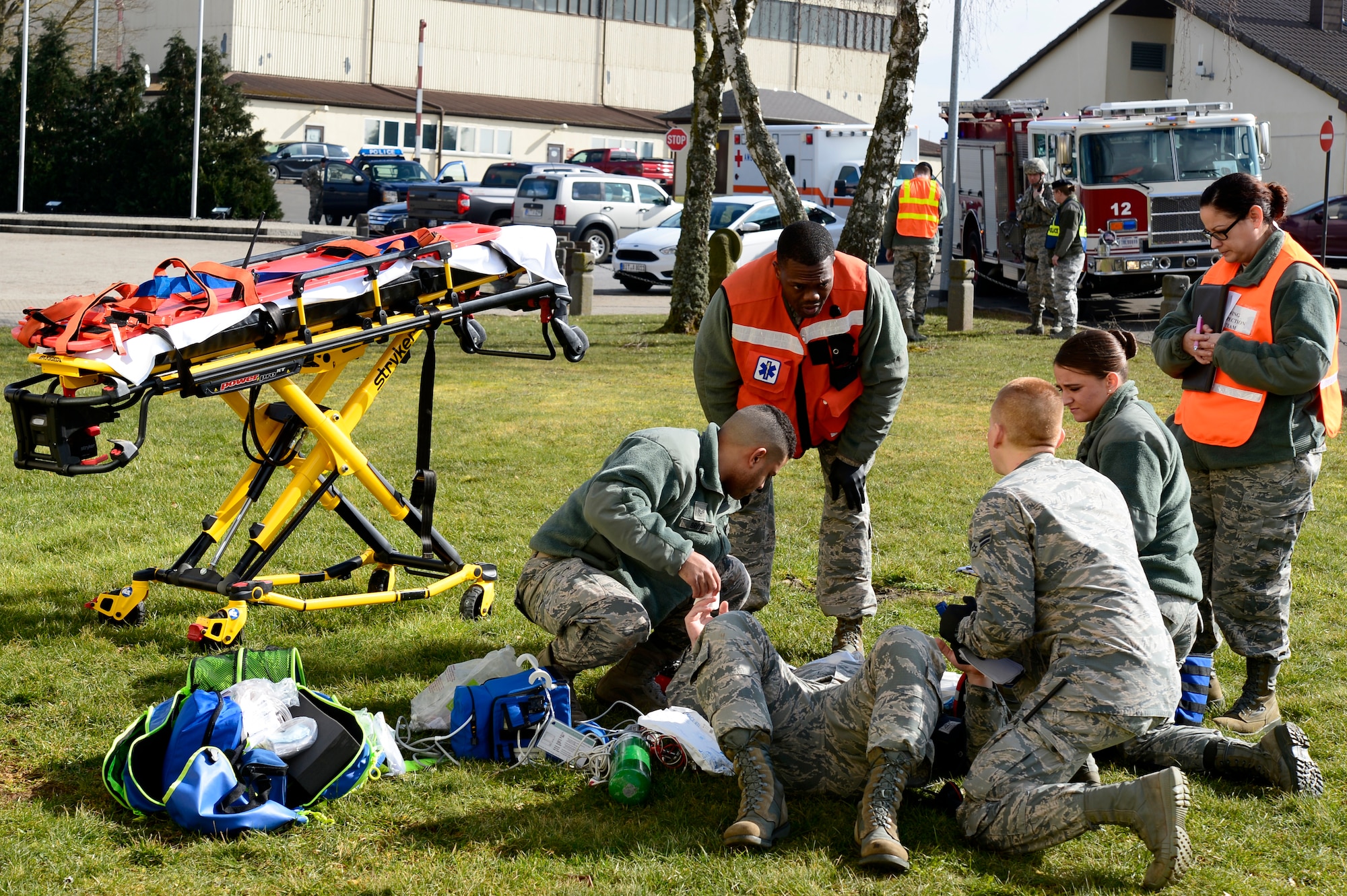 Airmen from the wing headquarters area were evacuated during the simulated fire.