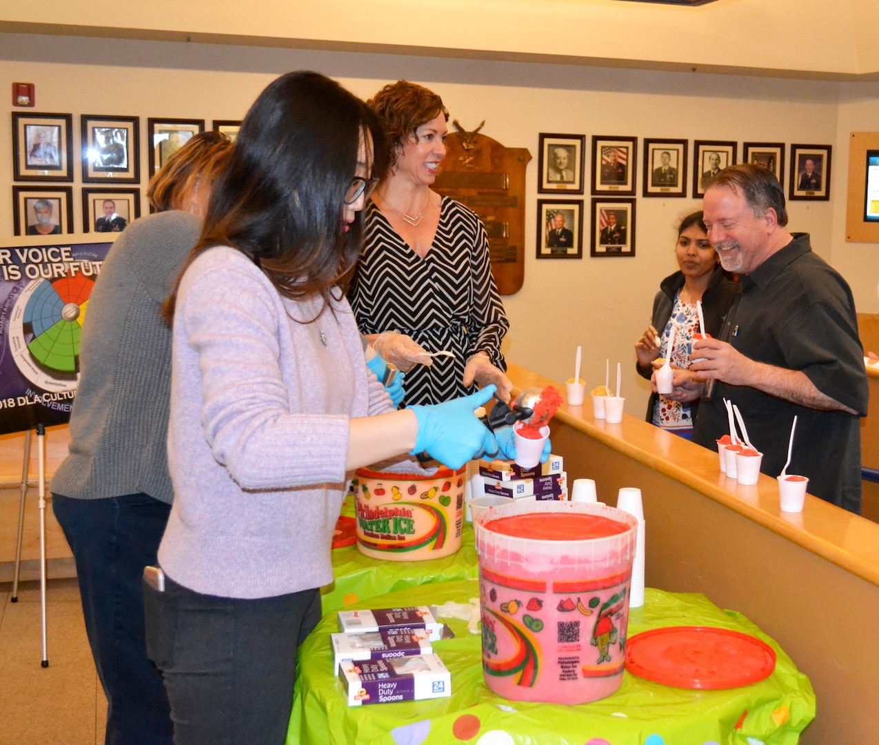 Members of the DLA Troop Support’s Medical Culture Improvement Team hand out water ice during a pep rally at DLA Troop Support in Philadelphia, March 14, 2018.