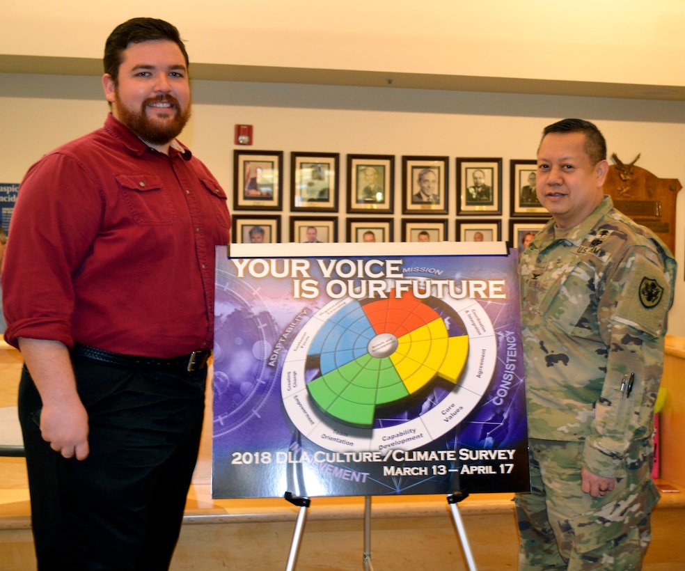 Ryan Jeffries, a Medical Culture Improvement Team member, left, and Army Col. Alex Zotomayor, Medical supply chain director, right, pose for a photo during a pep rally at DLA Troop Support in Philadelphia, March 14, 2018. The Medical CIT used the pep rally to encourage employees to participate in the 2018 DLA Culture/Climate Survey.