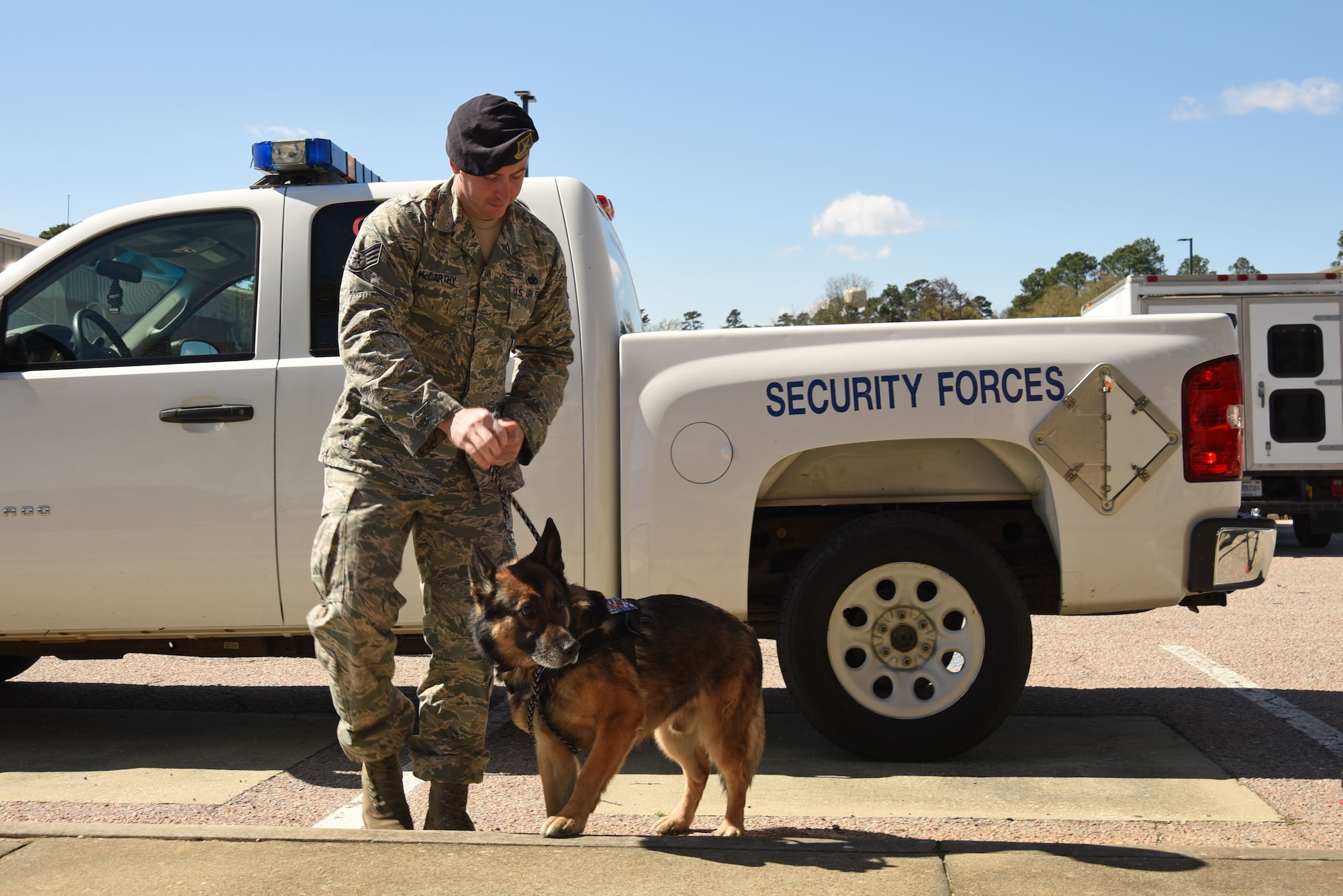Marky, 20th Security Forces Squadron (SFS) military working dog (MWD), walks with Staff Sgt. Jason McCarthy, 20th SFS MWD handler, following his ‘final ride’ at Shaw Air Force Base, S.C., March 14, 2018.