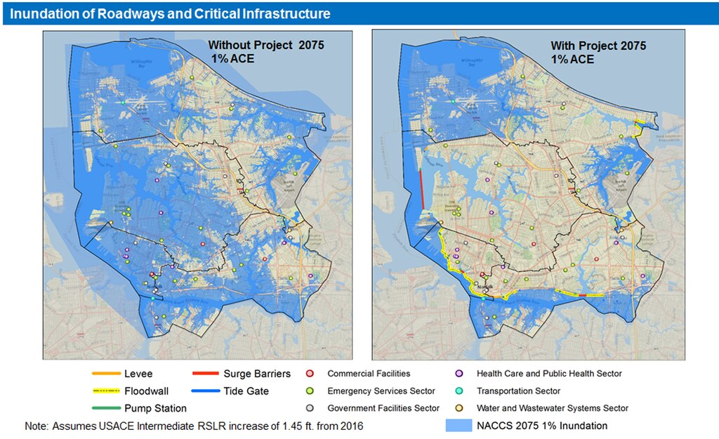 Graphic depicting inundation of roadways and critical infrastructure without and with projects recommended in the Norfolk Coastal Storm Risk Management Feasibility Study.