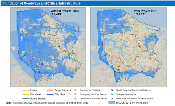 Graphic depicting inundation of roadways and critical infrastructure without and with projects recommended in the Norfolk Coastal Storm Risk Management Feasibility Study.