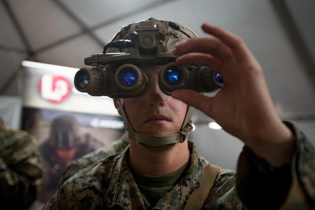 U.S. Marine Corps Lance Cpl. Skyler Stevens, an infantryman with 3rd Battalion, 4th Marine Regiment, 1st Marine Division, uses new night optics technology during Advanced Naval Technology Exercise 2018 at Marine Corps Base Camp Pendleton, California, March 19, 2018. The Marines are testing next generation technologies to provide the opportunity to assess the operational utility of emerging technologies and engineering innovations that improve the Marine's survivability, lethality and connectivity in complex urban environments.