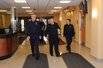 U.S. Air Force Gen. John Hyten, commander of U.S. Strategic Command (USSTRATCOM), and Maj. Gen. Nina Armagno, USSTRATCOM director of plans and policy, welcome Marine Nationale (French Navy) Vice Adm. Louis-Michel Guillaume, commander of submarine and strategic oceanic forces for France’s Armed Forces Ministry, to USSTRATCOM headquarters at Offutt Air Force Base, Neb., March 12, 2018. During his visit, Guillaume participated in discussions with Hyten, other senior leaders and subject matter experts on collaboration and the continuing need for strategic deterrence.