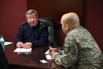 Marine Nationale (French Navy) Vice Adm. Louis-Michel Guillaume, commander of submarine and strategic oceanic forces for France’s Armed Forces Ministry, participates in an interview during his visit to U.S. Strategic Command (USSTRATCOM) headquarters at Offutt Air Force Base, Neb., March 12, 2018. While here, Guillaume discussed collaboration and the continuing need for strategic deterrence with U.S. Air Force Gen. John Hyten, commander of USSTRATCOM, other senior leaders and subject matter experts.