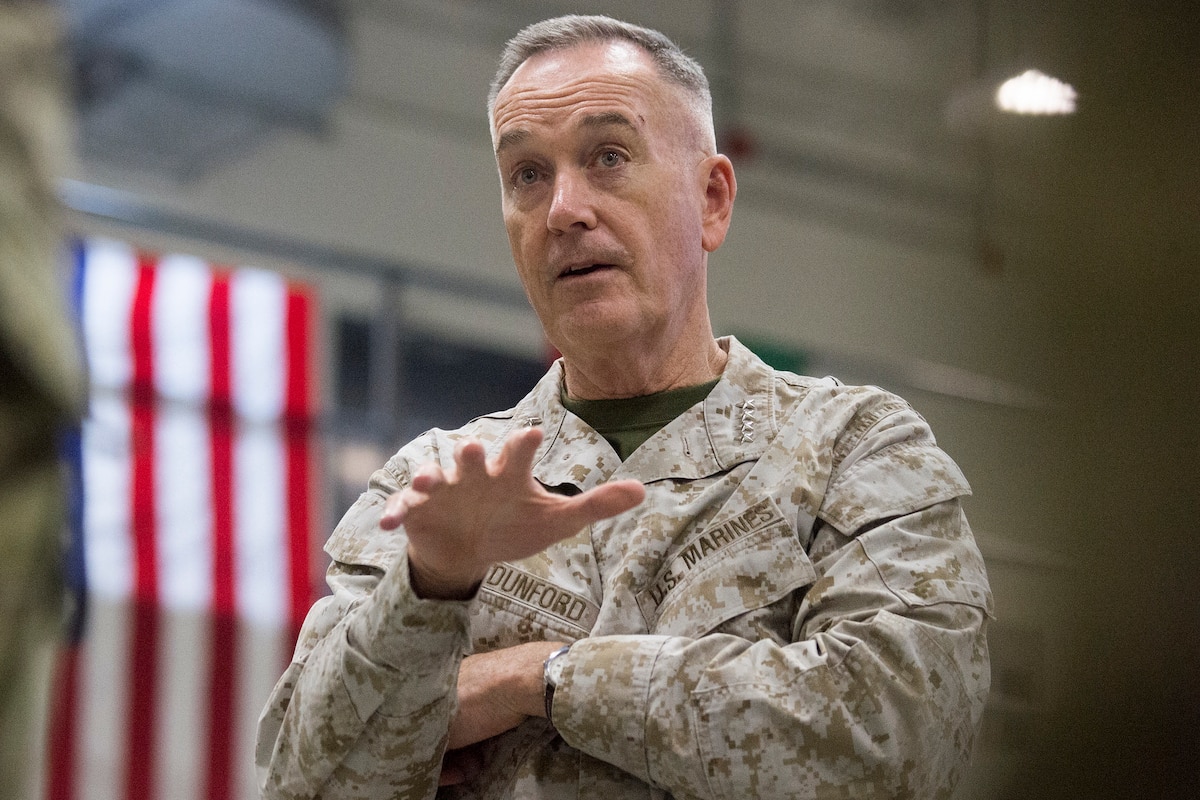 Marine Corps Gen. Joe Dunford, chairman of the Joint Chiefs of Staff, addresses service members.
