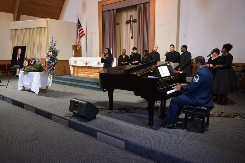 Black History Month Committee singers perform during Chief Master Sgt. Arthur Norris Hicks’ memorial service at the base chapel, March 17, 2018, Vandenberg Air Force Base, Calif. Hicks served with the Tuskegee Airmen during World War II and worked as an educator and human rights advocate. (U.S. Air Force photo by Tech. Sgt. Jim Araos/Released)