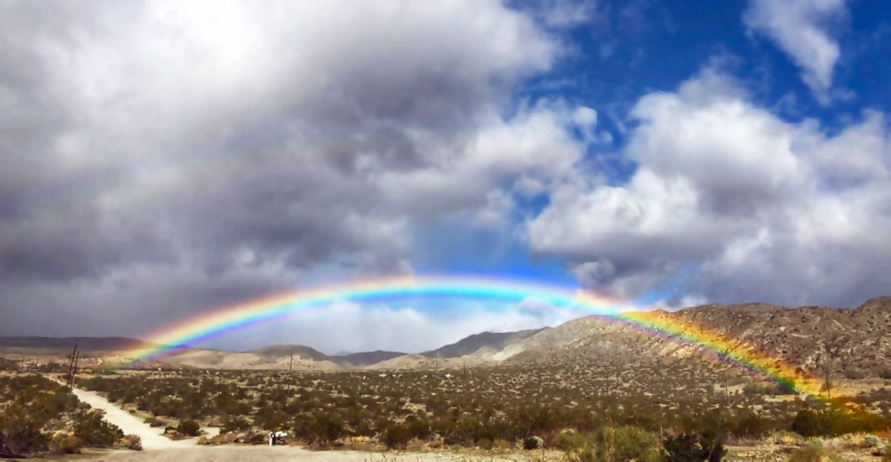 Rain in the desert can create stunning sights, such as this rainbow across Morongo Valley.