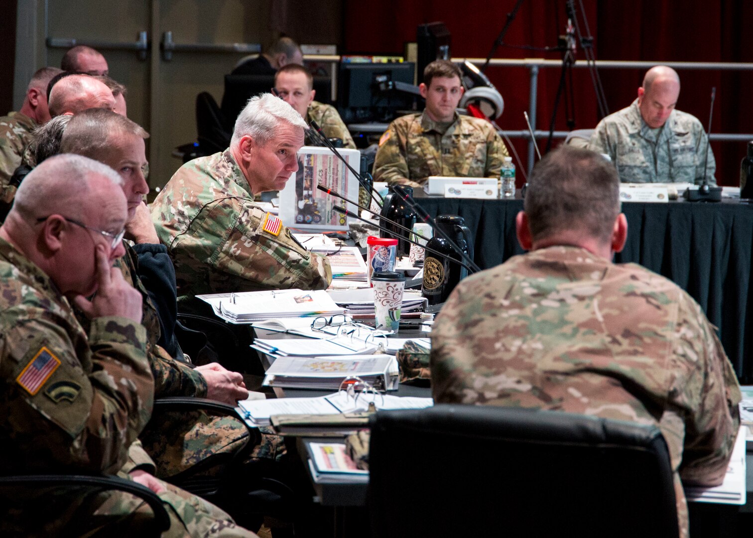 FORT EUSTIS, Va. -- U.S. Army Maj. Gen. Richard Gallant responds to remarks during the 2018 Defense Chemical, Biological, Radiological and Nuclear Response (DCRF) Commanders Conference at the Jacob's Conference Center at Fort Langley Eustis, Va. The three-day conference allowed Joint Task Force Civil Support (JTF-CS) and DCRF leadership to review how thousands of military service members would respond to a catastrophic disaster in the U.S, whether manmade or natural.  JTF-CS provides command and control for designated Department of Defense specialized response forces to assist local, state, federal and tribal partners in saving lives, preventing further injury, and providing critical support to enable community recovery.