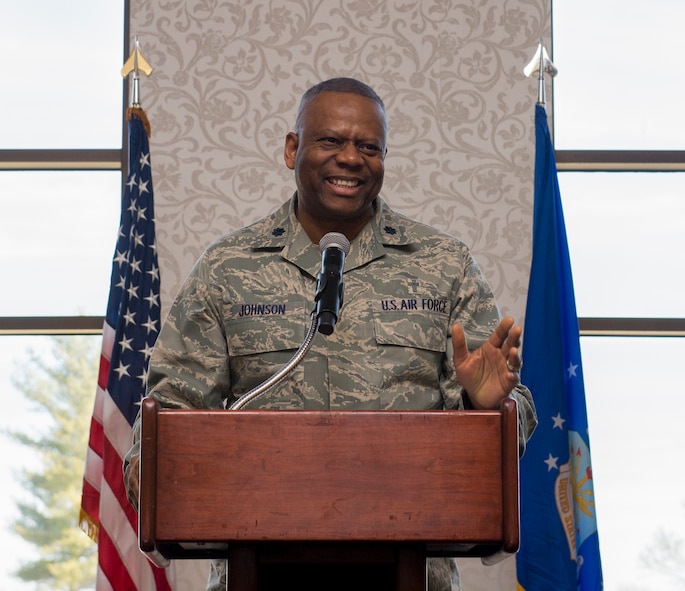 Lt. Col. Kenneth Johnson, 375th Air Mobility Wing chaplain, introduces the guest speaker during the National Prayer Breakfast Feb. 27, 2018 at the Scott Event Center, Scott Air Force Base, Ill. Members from the base and the local community came together to celebrate the free exercise of religion and different heritages with the theme being “Warriors on the Wall.” (U.S. Air Force photo by Airman 1st Class Chad Gorecki)
