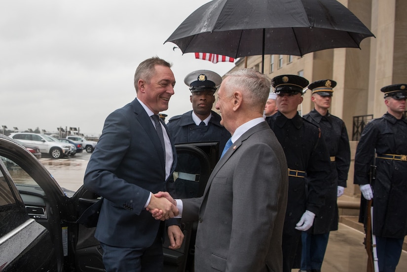 Defense Secretary James N. Mattis shakes hands with the Norwegian defense minister outside the Pentagon.