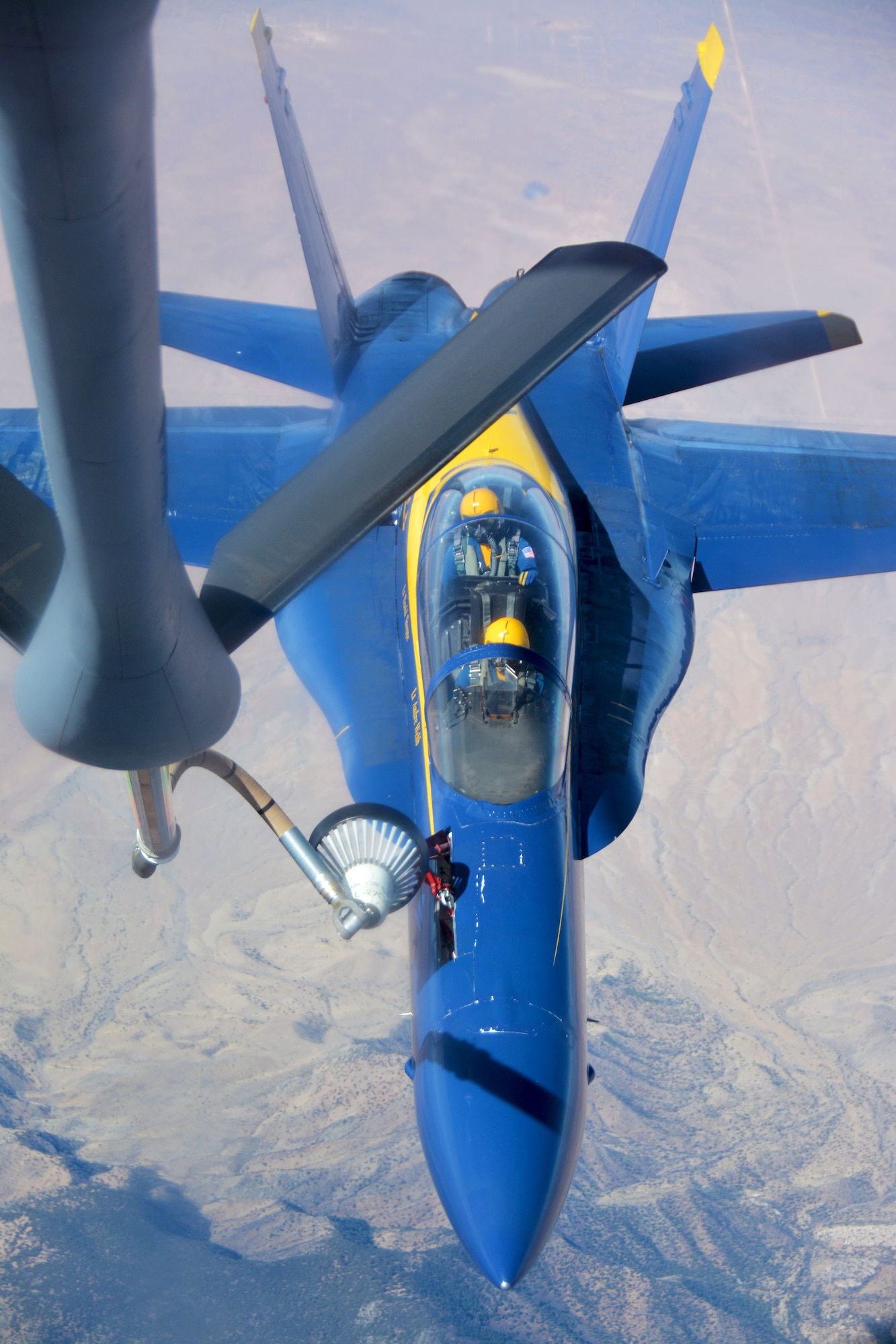 Reserve Citizen Airmen from the 507th Air Refueling Wing at Tinker Air Force Base, Okla., refueled seven F/A-18 Hornets from the U.S. Navy Blue Angels team March 19, 2018. The Blue Angels returned home to Pensacola Naval Air Station, Fla., after three months of training at El Centro Naval Air Facility, Calif. (U.S. Air Force photo/Tech. Sgt. Samantha Mathison)