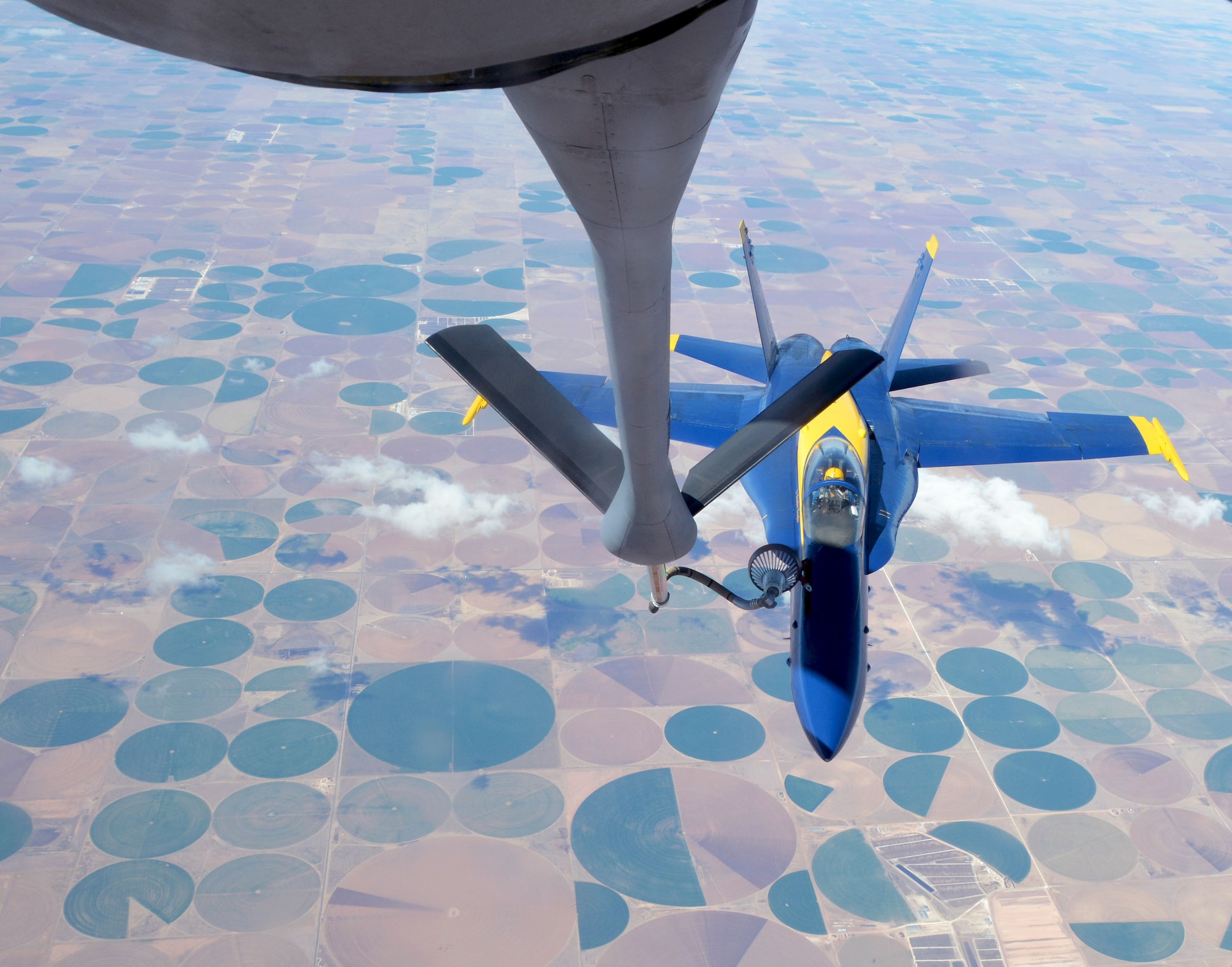 Reserve Citizen Airmen from the 507th Air Refueling Wing at Tinker Air Force Base, Okla., refueled seven F/A-18 Hornets from the U.S. Navy Blue Angels team March 19, 2018. The Blue Angels returned home to Pensacola Naval Air Station, Fla., after three months of training at El Centro Naval Air Facility, Calif. (U.S. Air Force photo/Tech. Sgt. Samantha Mathison)