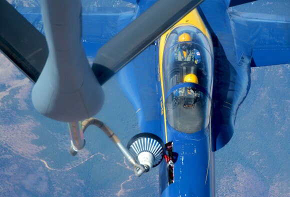 Reserve Citizen Airmen from the 507th Air Refueling Wing at Tinker Air Force Base, Okla., refueled seven F/A-18 Hornets from the U.S. Navy Blue Angels team March 19, 2018. The Blue Angels returned home to Pensacola Naval Air Station, Fla., after three months of training at El Centro Naval Air Facility, Calif. (U.S. Air Force photo/Tech. Sgt. Samantha Mathison)