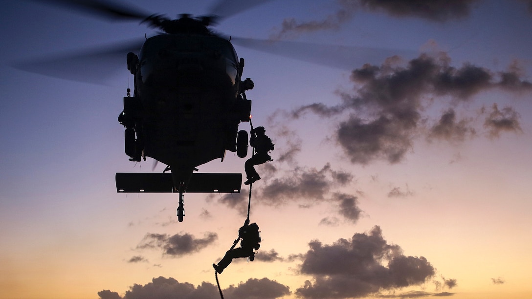 Troops, shown in silhouette, descend on a rope from a helicopter, against a dusky blue and pink sky.
