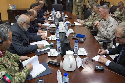 Marine Corps Gen. Joe Dunford, chairman of the Joint Chiefs of Staff, and Army Gen. John W. Nicholson Jr., commander, Resolute Support Mission and U.S. Forces Afghanistan, meet with Afghan senior government and military leaders in Kabul, March 20, 2018. The senior leaders discussed the current security environment in Afghanistan, the progress of the Afghan National Defense and Security Forces, and the re-posturing of U.S. forces as part of the new South Asia strategy.