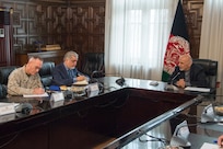 Marine Corps Gen. Joe Dunford, chairman of the Joint Chiefs of Staff, meets with Afghan President Ashraf Ghani, Chief Executive Abdullah Abdullah, and various other Afghan senior government and military leaders in Kabul, March 20, 2018. The senior leaders discussed the current security environment in Afghanistan, the progress of the Afghan National Defense and Security Forces, and the re-posturing of U.S. forces as part of the new South Asia strategy.