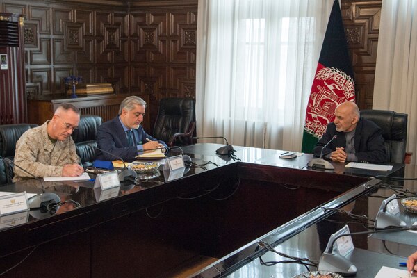 Marine Corps Gen. Joe Dunford, chairman of the Joint Chiefs of Staff, meets with Afghan President Ashraf Ghani, Chief Executive Abdullah Abdullah, and various other Afghan senior government and military leaders in Kabul, March 20, 2018. The senior leaders discussed the current security environment in Afghanistan, the progress of the Afghan National Defense and Security Forces, and the re-posturing of U.S. forces as part of the new South Asia strategy.