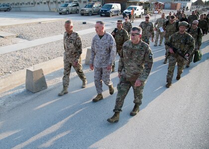 Marine Corps Gen. Joe Dunford, chairman of the Joint Chiefs of Staff, meets Brig. Gen. Wolf-Jürgen Stahl, Train Advise Assist Command - North commander, during a visit to Mazar-i-Sharif, Afghanistan, March 20, 2018. The senior leaders discussed the current security environment in Afghanistan, the progress of the Afghan National Defense and Security Forces, and the re-posturing of U.S. forces as part of the new South Asia strategy.