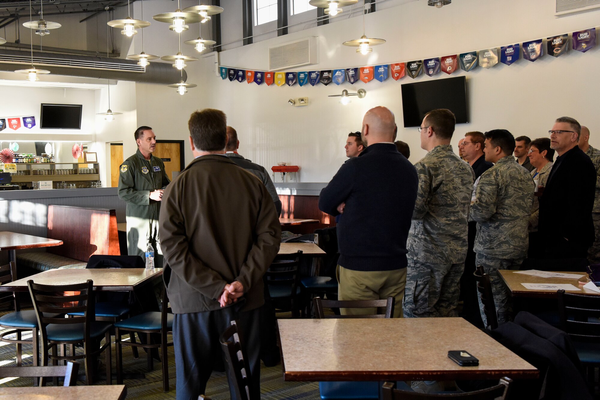 Col. Ethan Griffin, 436th Airlift Wing commander, greets Team Dover’s honorary commanders before their tour March 14, 2018,  at Dover Air Force Base, Del. Honorary commanders are selected annually and are invited to continue their involvement with Dover AFB as an honorary commander alumni after their year is complete. (U.S. Air Force photo by Airman 1st Class Zoe M. Wockenfuss)