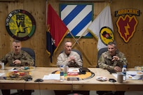 Marine Corps Gen. Joe Dunford, chairman of the Joint Chiefs of Staff, and Army Gen. John W. Nicholson Jr., commander, Resolute Support Mission and U.S. Forces Afghanistan, have a roundtable discussion with members of Train Advise Assist Command - East at Forward Operating Base Gamberi, March 21, 2018.