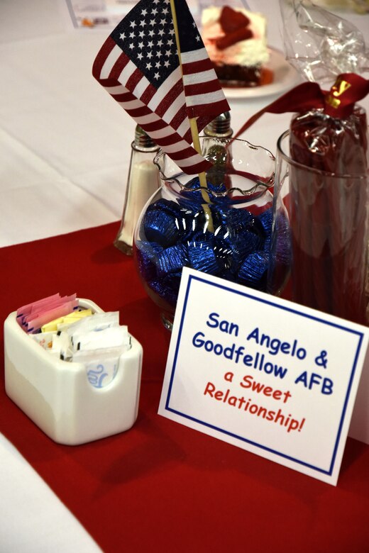 This centerpiece at the chamber of commerce luncheon expresses the San Angelo community’s feelings towards Goodfellow Air Force Base at the McNease Convention Center, San Angelo, Texas, March 20, 2018. One of the activities at the luncheon allowed winners to take home candy from the centerpiece provided by various business in San Angelo. (U.S. Air Force photo by Airman 1st Class Seraiah Hines/Released)
