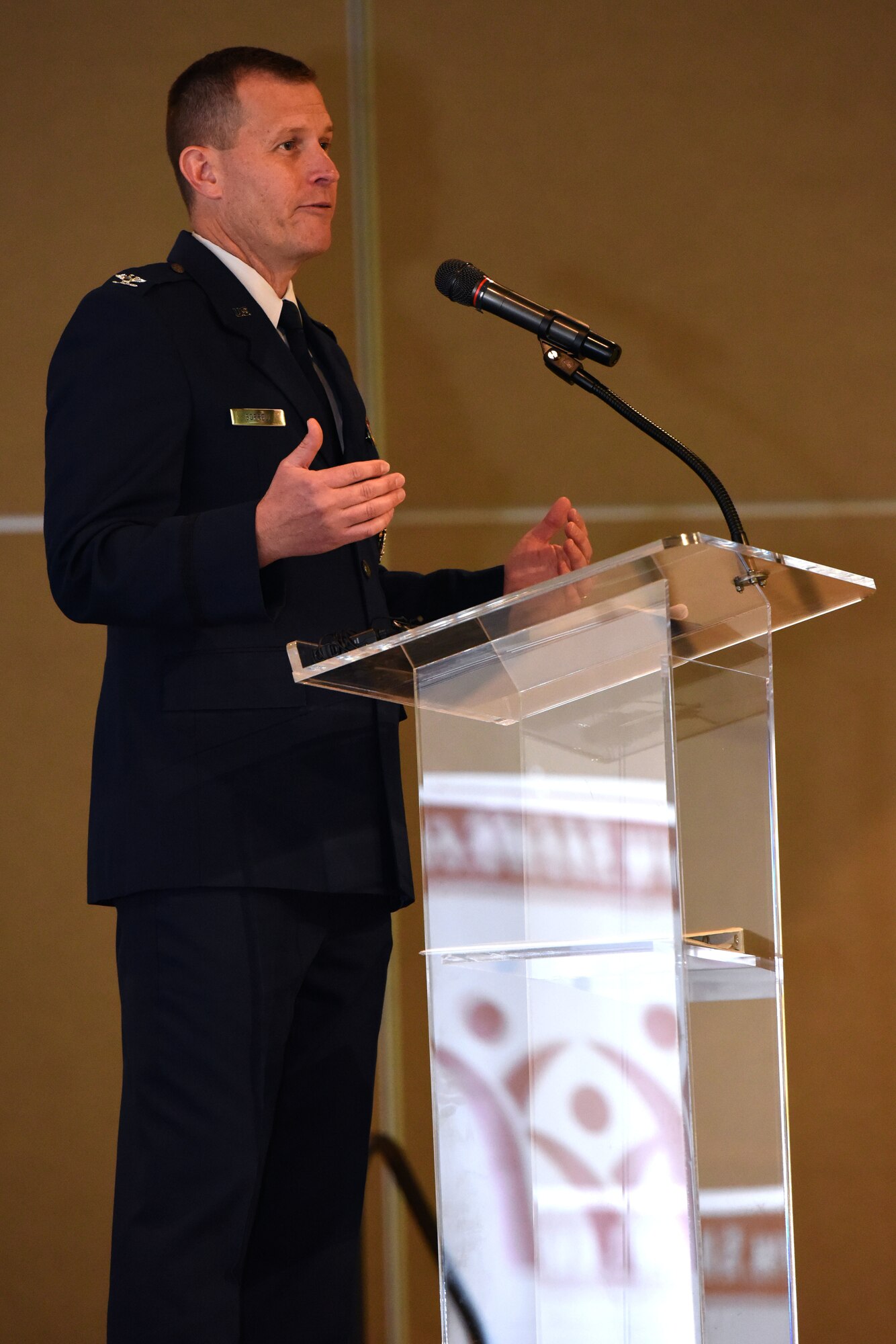 U.S. Air Force Col. Jeffrey Sorrell, 17th Training Wing vice commander, highlights the progress Goodfellow Air Force Base has made in updating and renovating facilities on base with the help of San Angelo, at the McNease Convention Center, San Angelo, Texas, March 20, 2018. Sorrell also emphasized the great partnership the San Angelo community has with Goodfellow Air Force Base and in the plans to continue. (U.S. Air Force photo by Airman 1st Class Seraiah Hines/Released)