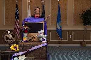 T.T. Robinson, Joint Services Luncheon guest speaker, gives a speech during the Joint Service Luncheon at Joint Base Langley Eustis, Va., March 15, 2018.
