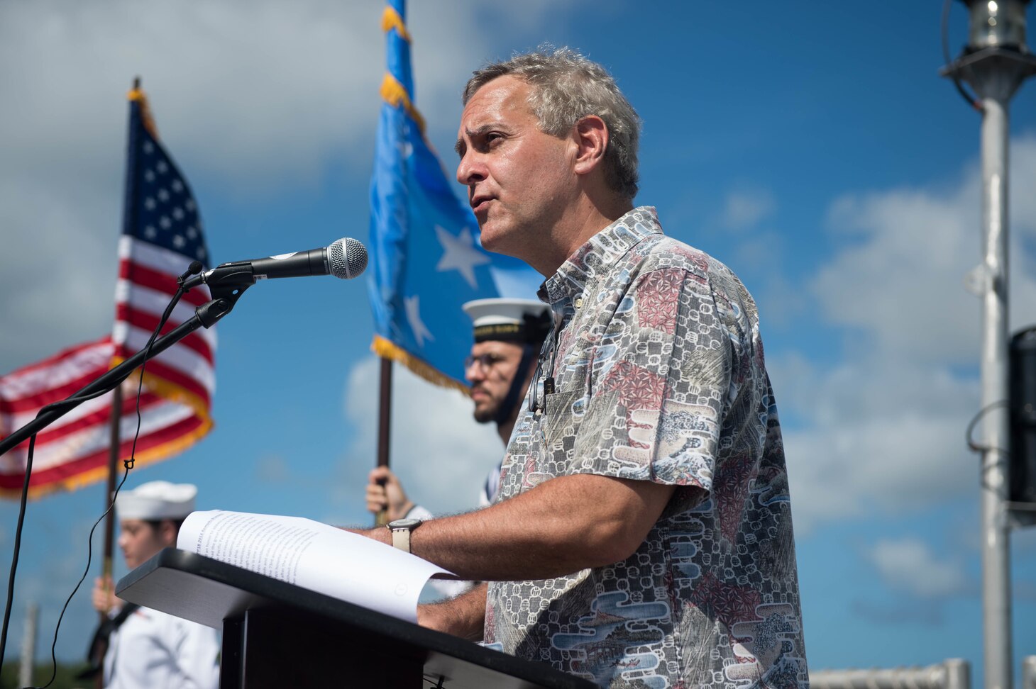 The Honorable Robert A. Riley, United States Ambassador to the Federated States of Micronesia, delivers remarks during the opening ceremony of Pacific Partnership 2018 aboard USNS BRUNSWICK (T-EPF 6) March 21.  PP18's mission is to work collectively with host and partner nations to enhance regional interoperability and disaster respnonse capabilities, increase stability and security in the region, and foster new and enduring friendships across the Indo-Pacific Region.  Pacific Partnership, now in its 13th iteration, is the largest annual multinational humanitarian assistance and disaster relief preparedness mission conducted in the Indo-Pacific.