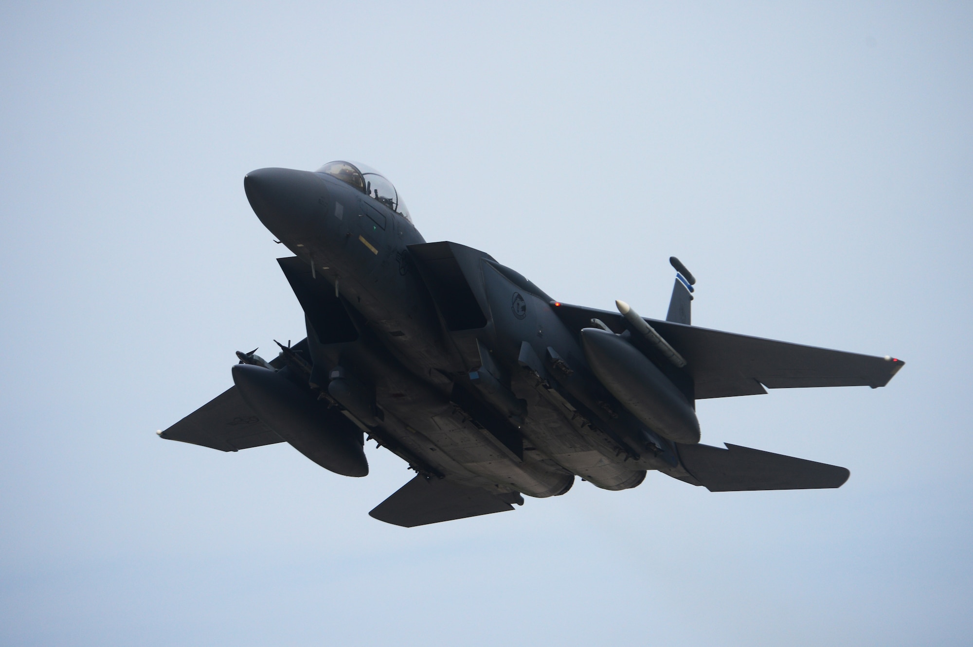 An F-15E Strike Eagle assigned to the 492nd Fighter Squadron, Royal Air Force Lakenheath, England flies over Andravida Air Base, Greece, March 21, 2018, during exercise INIOHOS 18. INIOHOS 18 is a Hellenic Air Force-led, large force flying exercise focused on strengthening partnerships and interoperability. (U.S. Air Force photo/1st Lt. Elias Small)