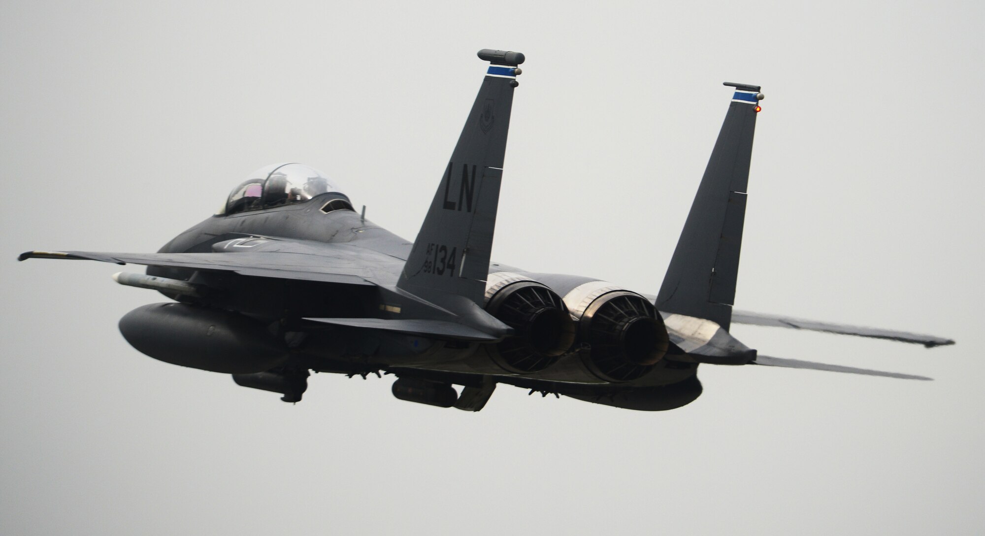 An F-15E Strike Eagle assigned to the 492nd Fighter Squadron, Royal Air Force Lakenheath, England takes off from Andravida Air Base, Greece, March 21, 2018, during exercise INIOHOS 18. The 492nd FS is flying alongside Hellenic Air Force airmen and other partners and Allies during the exercise to increase interoperability and strengthen partnerships. (U.S. Air Force photo/1st Lt. Elias Small)