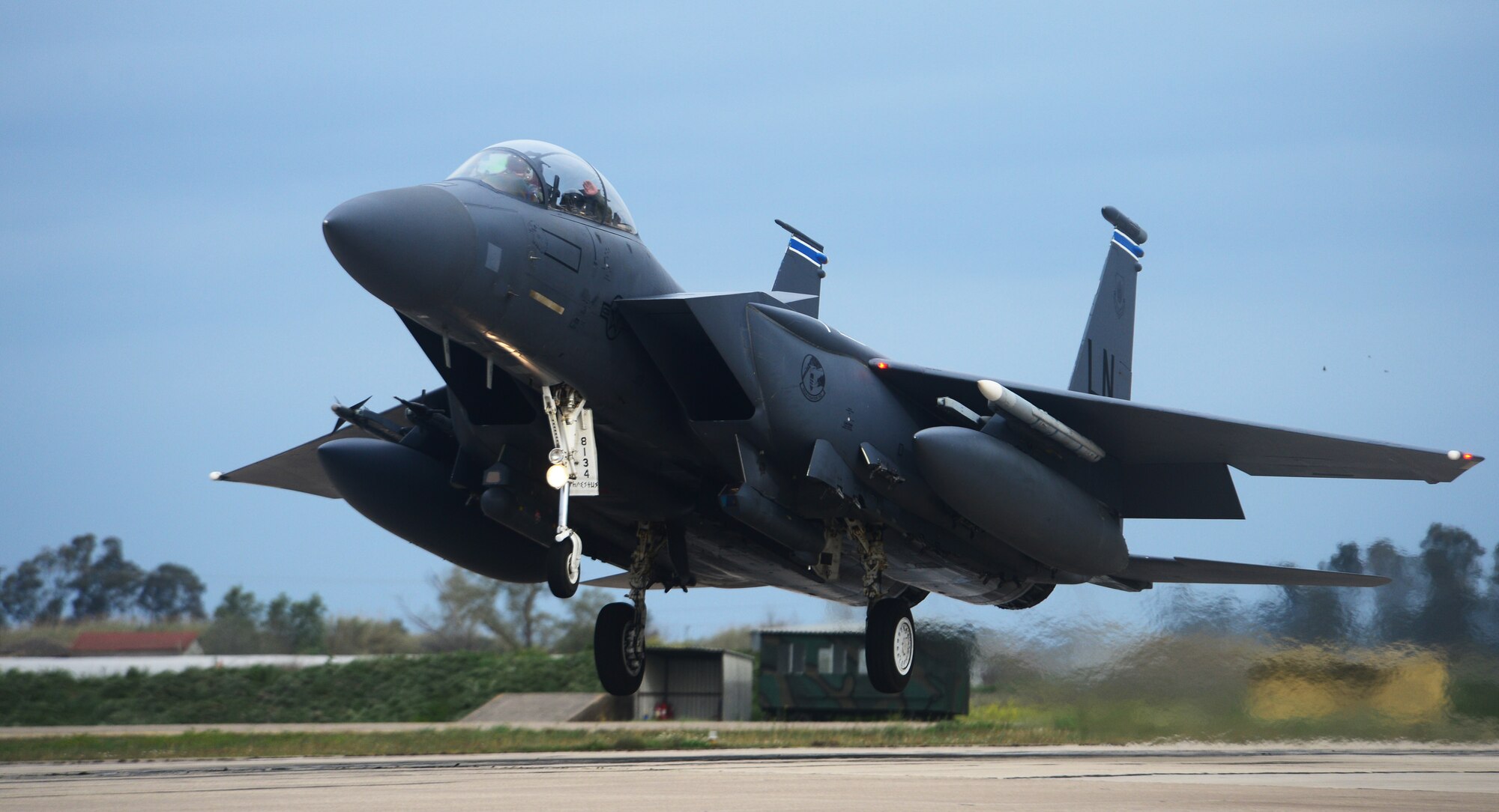 An F-15E Strike Eagle assigned to the 492nd Fighter Squadron, Royal Air Force Lakenheath, England prepares to land at Andravida Air Base, Greece, March 21, 2018, during exercise INIOHOS 18. Seventy-six fighter aircraft are participating in this years’ iteration of the exercise. (U.S. Air Force photo/1st Lt. Elias Small)