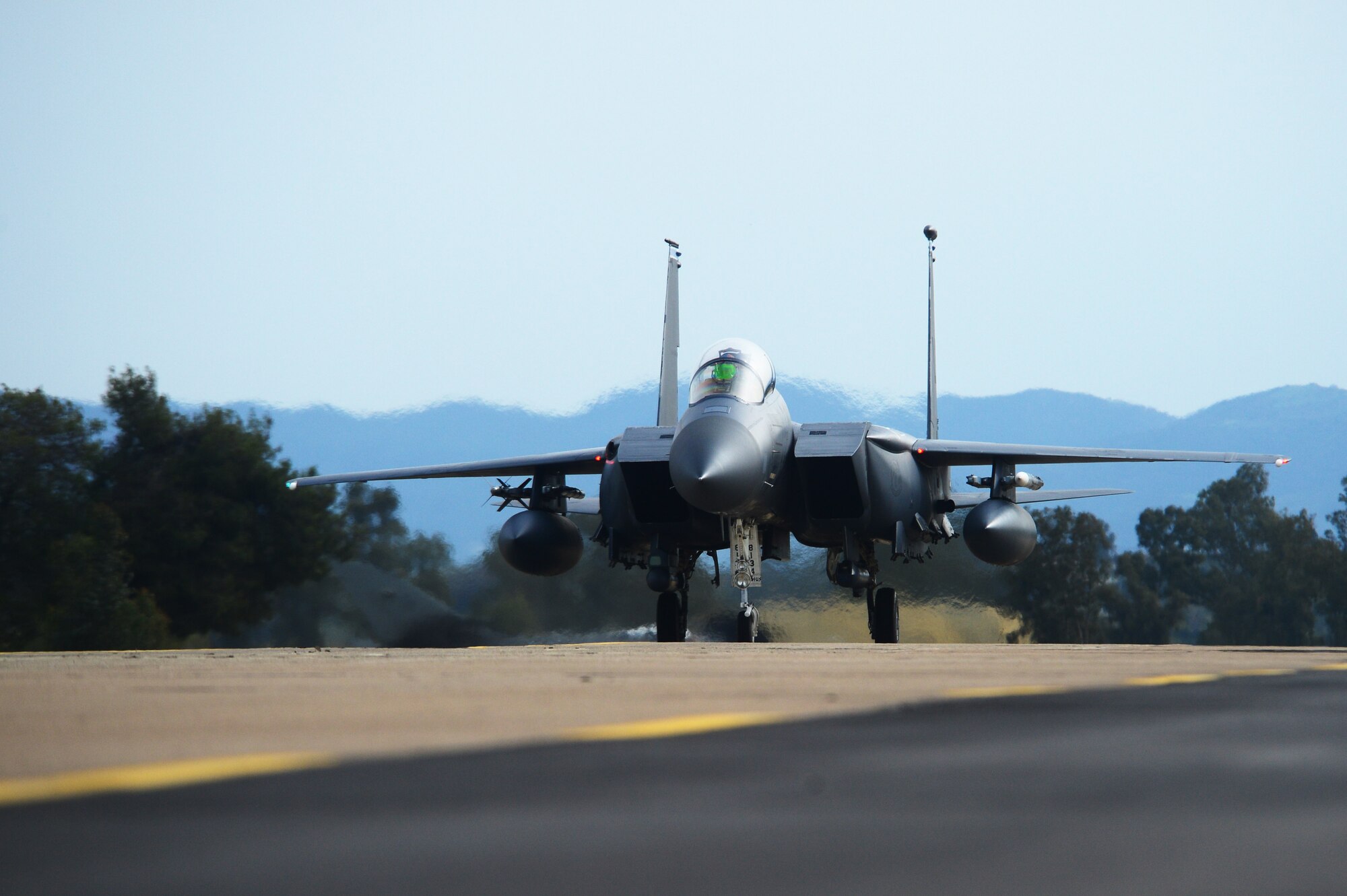 An F-15E Strike Eagle assigned to the 492nd Fighter Squadron, Royal Air Force Lakenheath, England taxis at Andravida Air Base, Greece, March 21, 2018, during exercise INIOHOS 18. INIOHOS 18 is a Hellenic Air Force-led, large force flying exercise focused on strengthening partnerships and interoperability. (U.S. Air Force photo/1st Lt. Elias Small)