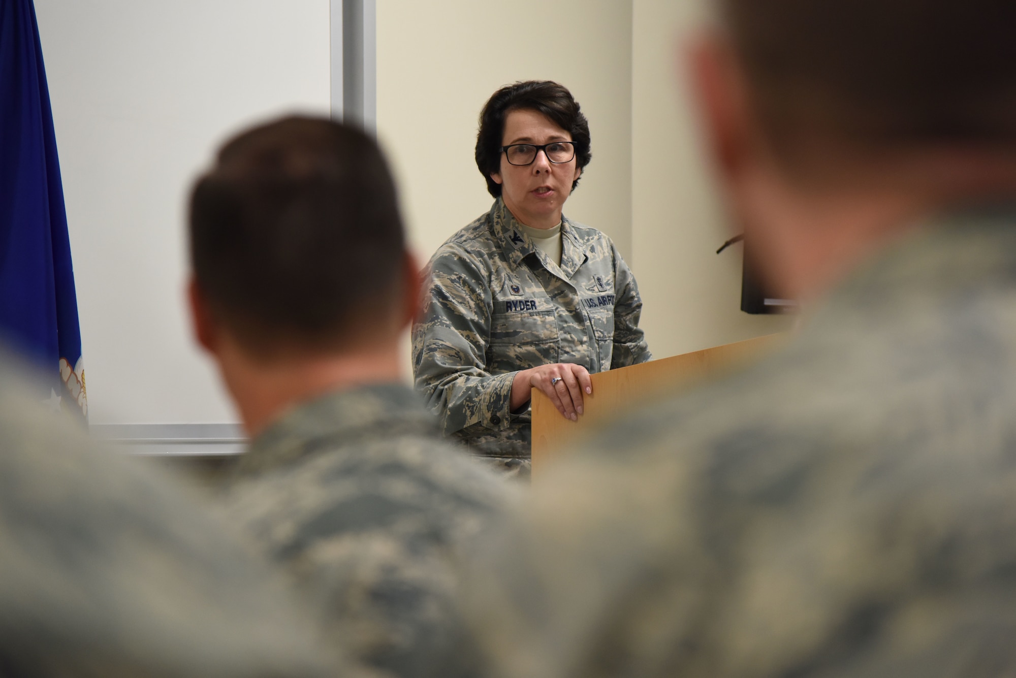 U.S. Air Force Col. Jeannine Ryder, 81st Medical Group commander, delivers remarks during the Keesler Medical Center renovations ribbon cutting ceremony March 20, 2018, on Keesler Air Force Base, Mississippi. The ceremony officially commemorated the completion of the $80 million renovations for the new dental and mental health clinics. The new renovations allow for improved patient support services. (U.S. Air Force photo by Kemberly Groue)