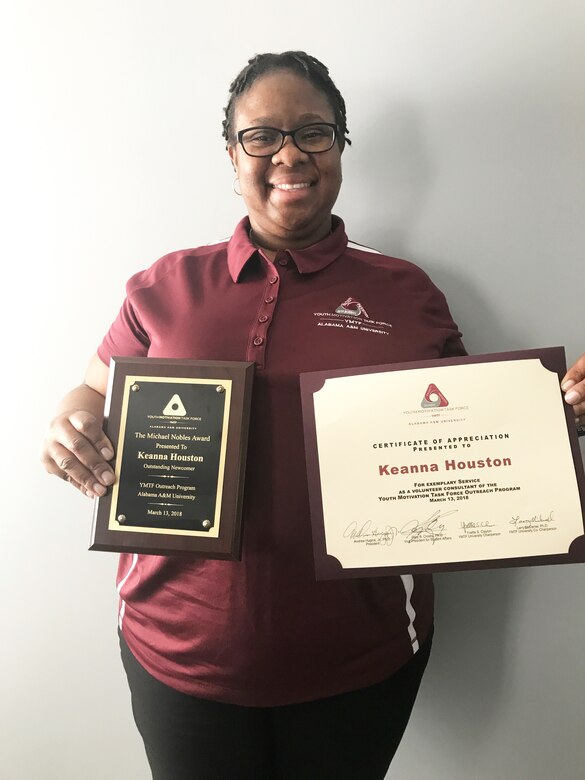 Keanna Houston, Huntsville Center Contracting Directorate, received the “Michael Nobels Newcomer” Award for her work as a first-time consultant supporting the 43rd annual Alabama A&M University Youth Motivational Task Force Conference, March 11-13.