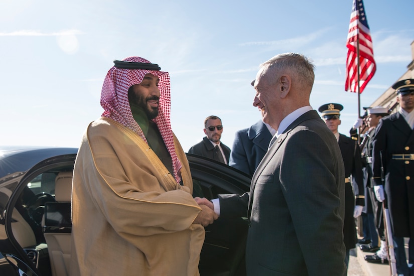 Defense Secretary James N. Mattis shakes hands with Saudi Arabian Crown Prince Mohammed bin Salman.