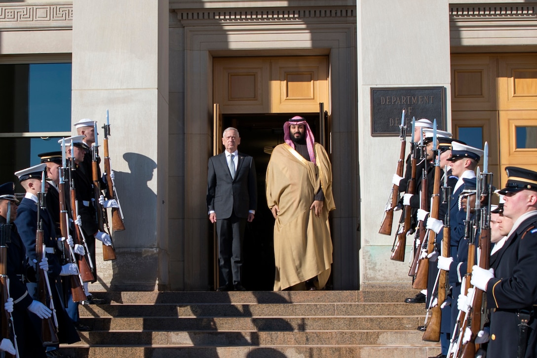 Defense Secretary James N. Mattis stands at the top of a staircase with Saudi Arabian Crown Prince Mohammed bin Salman.