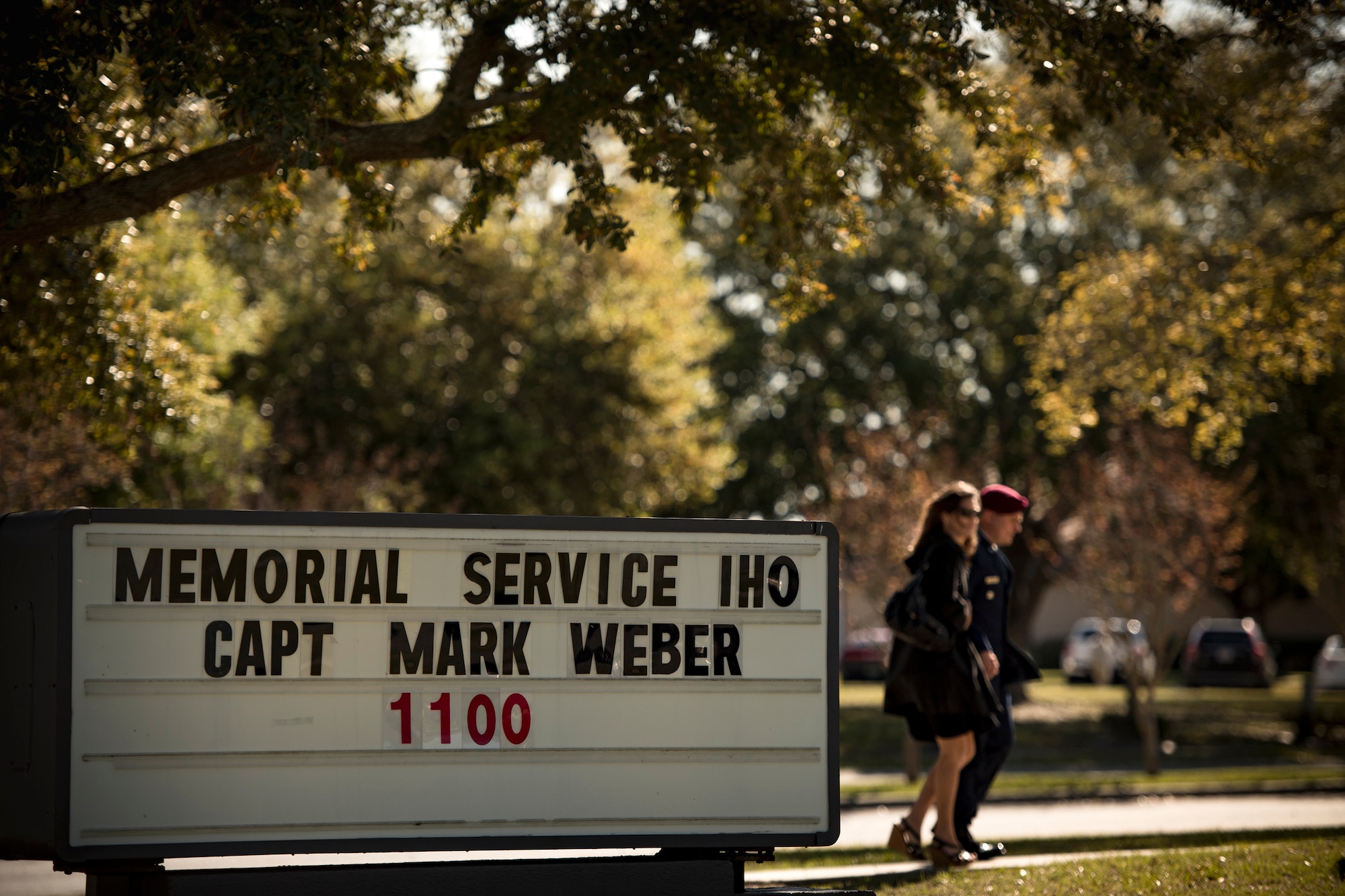 Guests arrive to a memorial service in honor of Capt. Mark Weber, March 21, 2018, at Moody Air Force Base, Ga. Weber, a 38th Rescue Squadron combat rescue officer and Texas native, was killed in an HH-60G Pave Hawk crash in Anbar Province, Iraq, March 15. During the ceremony, Weber was posthumously awarded a Meritorious Service Medal and the Air Force Commendation Medal. (U.S. Air Force photo by Staff Sgt. Ryan Callaghan)