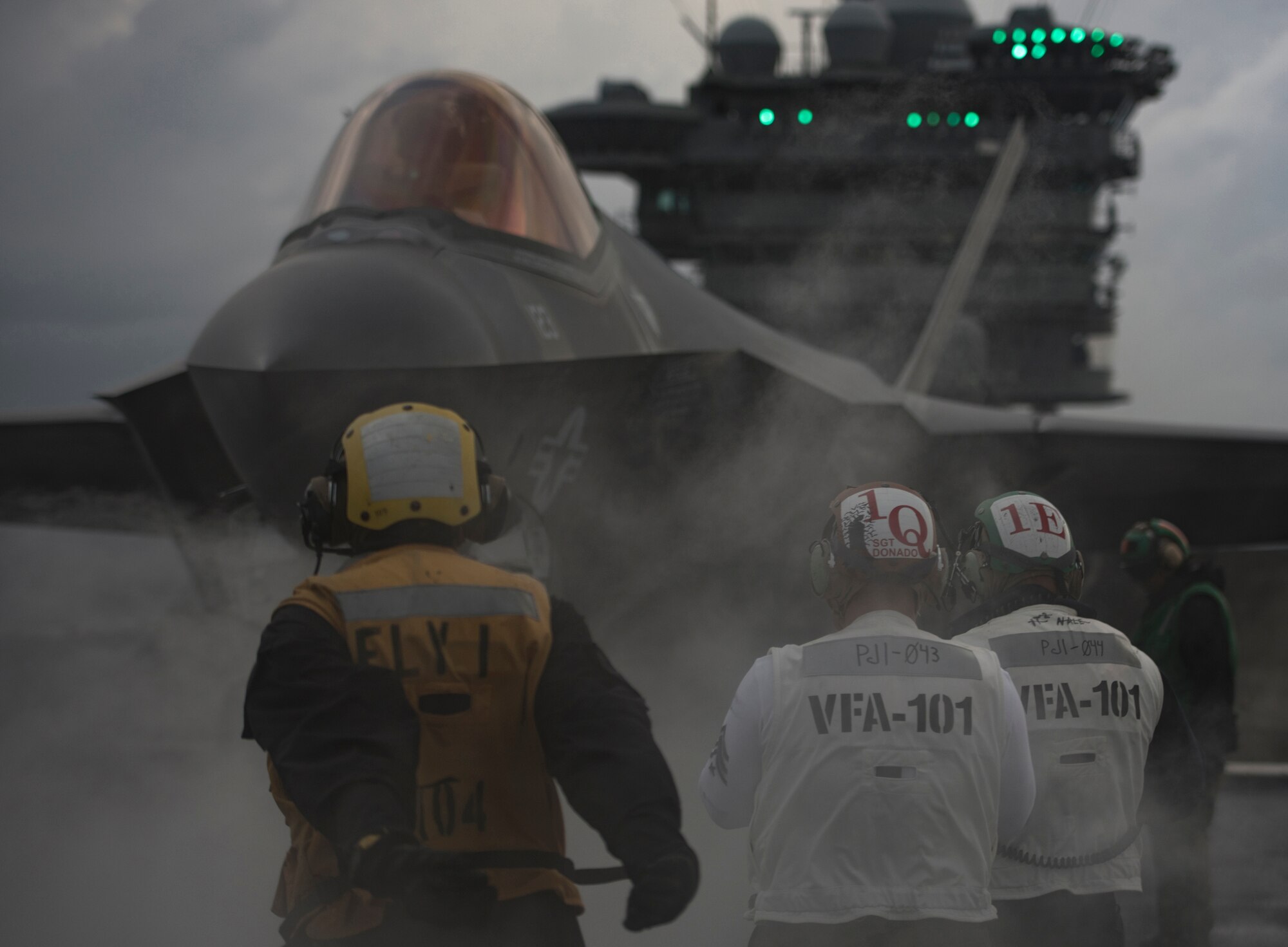 An F-35C Lightning II assigned to Strike Fighter Squadron (VFA) 101, is positioned on the bow catapults of the Nimitz-Class aircraft carrier USS Abraham Lincoln (CVN-72) March 17, 2018, in the Altantic Ocean.(U.S. Air Force Staff Sgt. Peter Thompson/Released)
