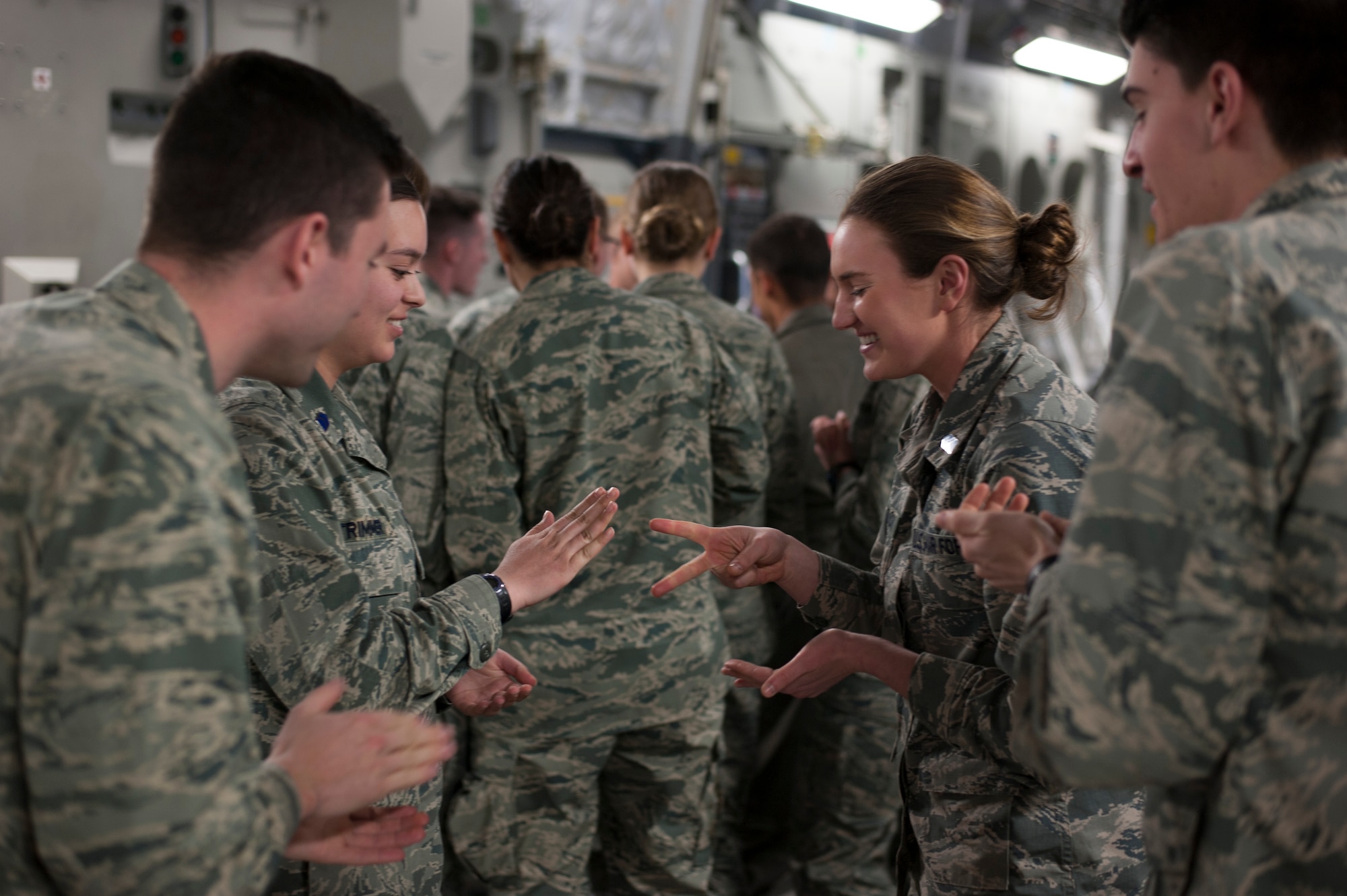 U.S. Air Force Reserve Officers Training Corps cadets assigned to Detachment 640 from Miami University, Ohio, conduct a leadership exercise during an in-flight leadership course aboard a C-17 Globemaster III aircraft from the 445th Airlift Wing at Wright-Patterson Air Force Base, Ohio, March 19, 2018.