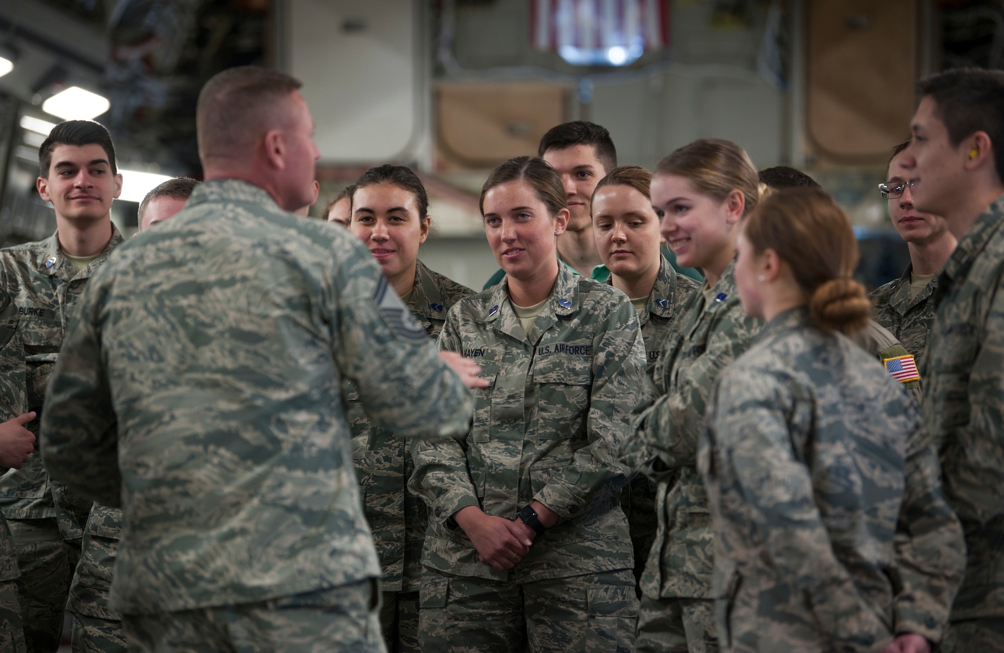 U.S. Air Force Senior Master Sgt. Byron Hayes, the career assistance advisor assigned to the 6th Force Support Squadron at MacDill Air Force Base, Fla., instructs Air Force Reserve Officer Training Corps cadets from Detachment 640 at Miami University, Ohio, March 19, 2018.